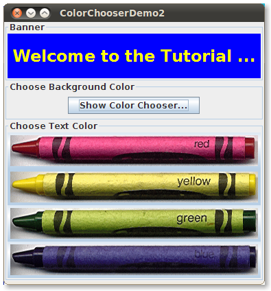 A snapshot of ColorChooserDemo, which contains a custom color chooser.