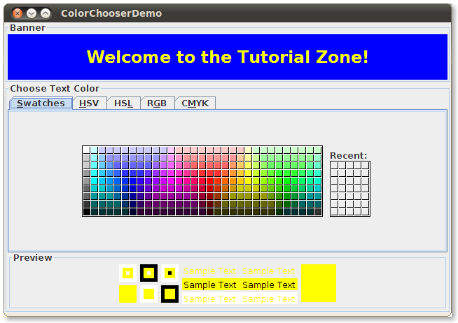 ColorChooserDemo 的快照，其中包含一个标准的颜色 selectors。