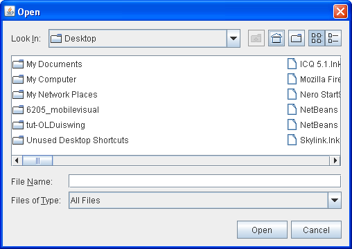 A standard open dialog shown in the Java look and feel