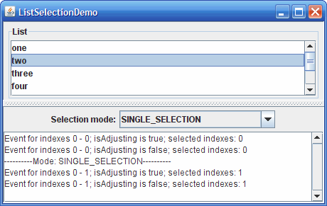 A snapshot of ListSelectionDemo, which demonstrates selection modes and list selection model.