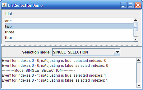 ListSelectionDemo 的快照，演示选择 Pattern 和列表选择模型。