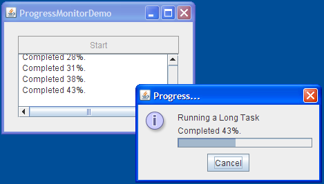 ProgressMonitorDemo 的快照和进度监视器显示的对话框