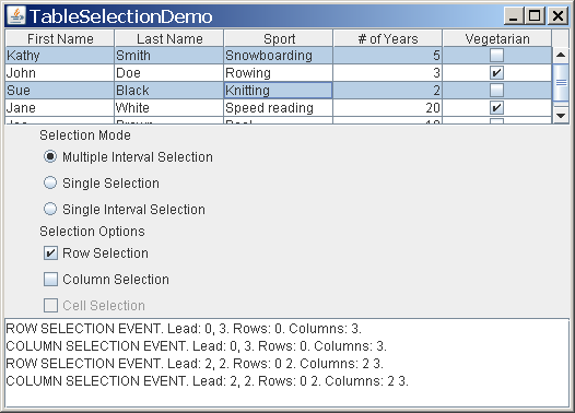 TableSelectionDemo with a non-contiguous row selection.