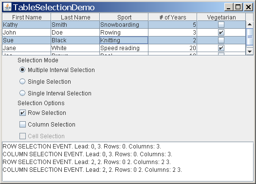 具有不连续的行选择的 TableSelectionDemo。