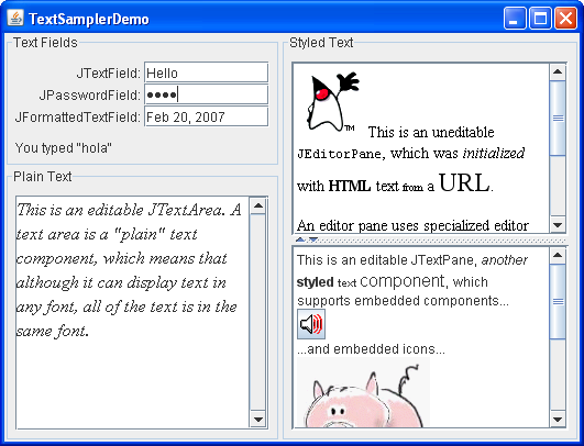 An application that provides a sample of each Swing text component