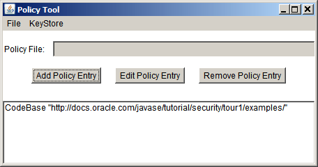 the PolicyTool window, showing the new policy entry