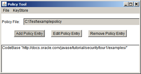 the PolicyTool window showing the policy file