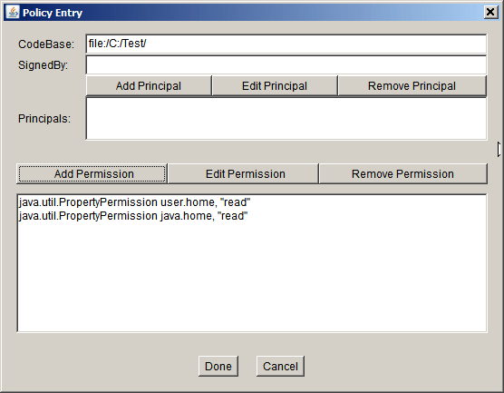 the new permission appears in the Policy Entry dialog