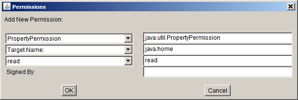 the Permissions dialog with the java home property set to read