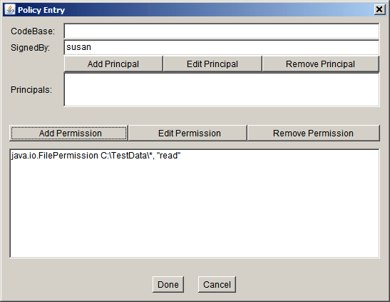 the new Permission appears in the Policy Entry dialog