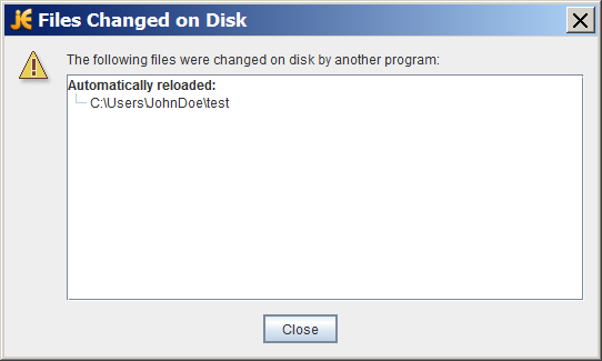 示例 jEdit 对话框说明：以下文件已由另一个程序在磁盘上更改。