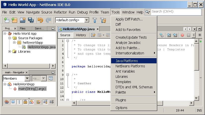 Selecting the Java Platform Manager from the Tools Menu