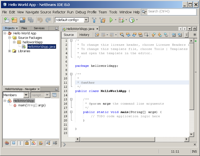 已打开 HelloWorldApp 项 ObjectNetBeans IDE。