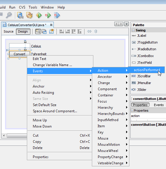 using the NetBeans GUI to connect the actionPerformed method to the object