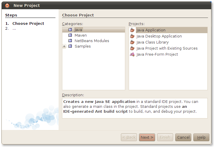 Choose Java and Java Application