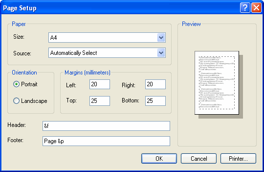 This figure represents a page setup dialod window