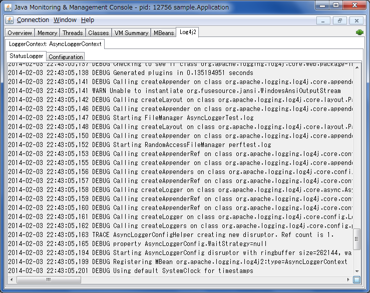 JConsole StatusLogger 显示的屏幕截图