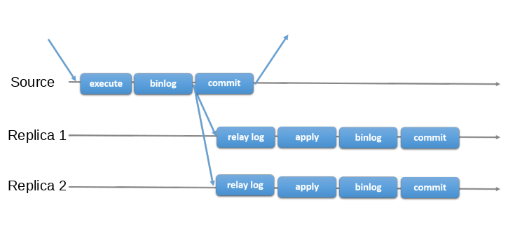 A transaction received by the source is executed, written to the binary log, then committed, and a response is sent to the client application. The record from the binary log is sent to the relay logs on Replica 1 and Replica 2 before the commit takes place on the source. On each of the replicas, the transaction is applied, written to the replica's binary log, and committed. The commit on the source and the commits on the replicas are all independent and asynchronous.