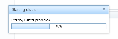 Progress bar showing status of node startup process. The small window is titled "Starting cluster" with a progress bar at 40% in the "Starting Cluster processes" phase of the operation.